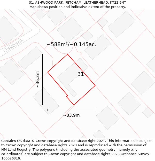 31, ASHWOOD PARK, FETCHAM, LEATHERHEAD, KT22 9NT: Plot and title map
