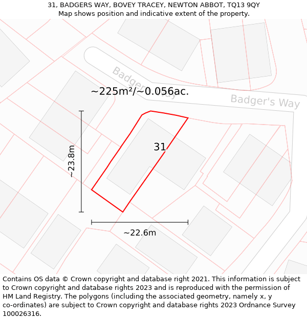 31, BADGERS WAY, BOVEY TRACEY, NEWTON ABBOT, TQ13 9QY: Plot and title map