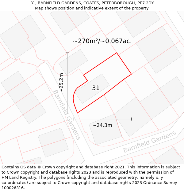 31, BARNFIELD GARDENS, COATES, PETERBOROUGH, PE7 2DY: Plot and title map