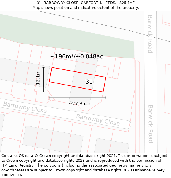 31, BARROWBY CLOSE, GARFORTH, LEEDS, LS25 1AE: Plot and title map