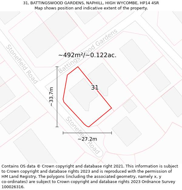 31, BATTINGSWOOD GARDENS, NAPHILL, HIGH WYCOMBE, HP14 4SR: Plot and title map