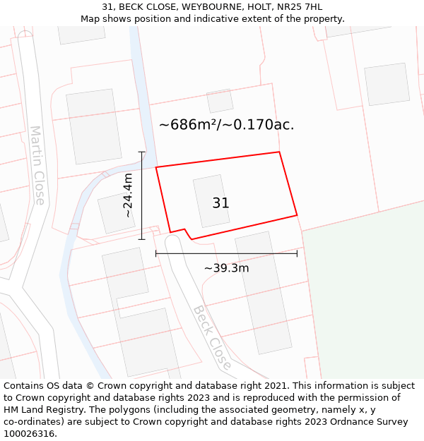 31, BECK CLOSE, WEYBOURNE, HOLT, NR25 7HL: Plot and title map