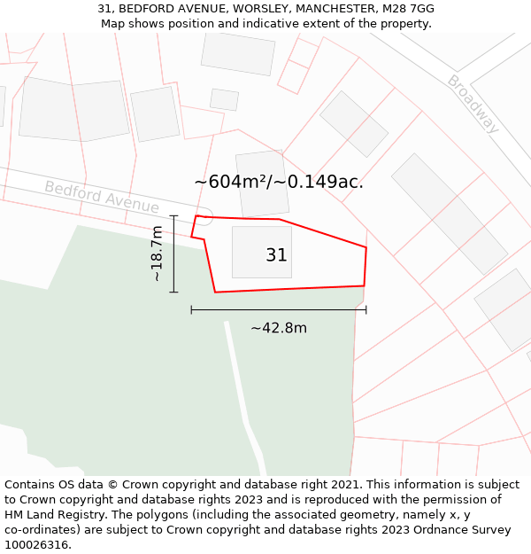 31, BEDFORD AVENUE, WORSLEY, MANCHESTER, M28 7GG: Plot and title map