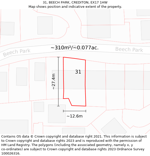 31, BEECH PARK, CREDITON, EX17 1HW: Plot and title map