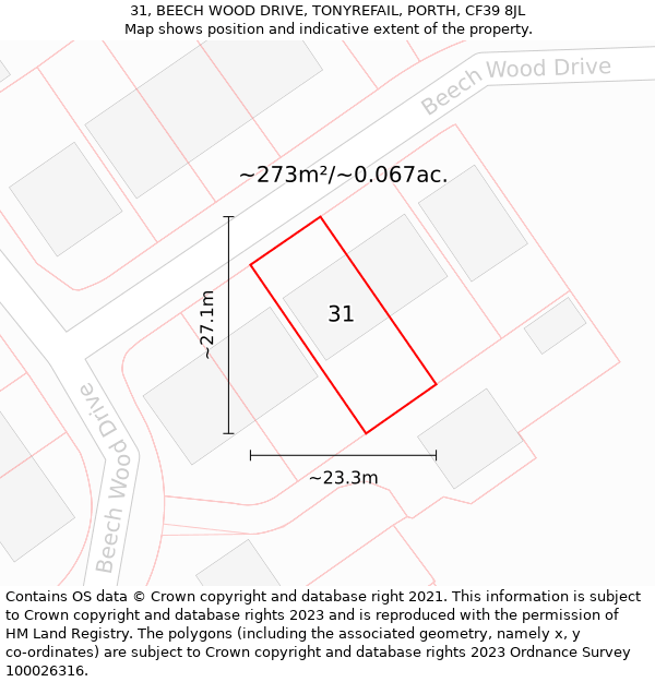 31, BEECH WOOD DRIVE, TONYREFAIL, PORTH, CF39 8JL: Plot and title map