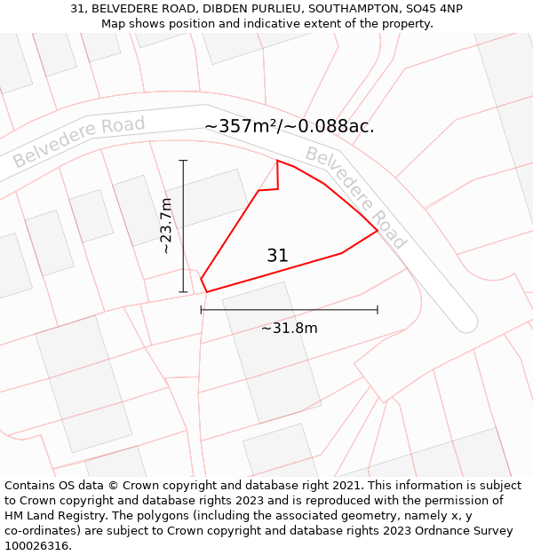 31, BELVEDERE ROAD, DIBDEN PURLIEU, SOUTHAMPTON, SO45 4NP: Plot and title map
