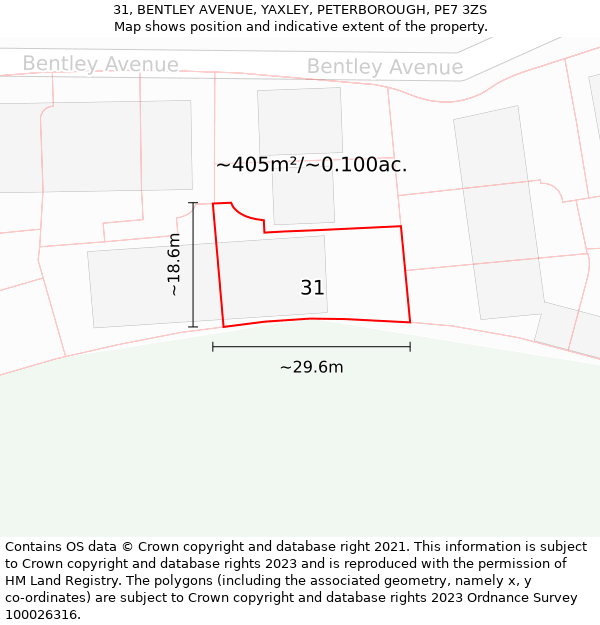 31, BENTLEY AVENUE, YAXLEY, PETERBOROUGH, PE7 3ZS: Plot and title map