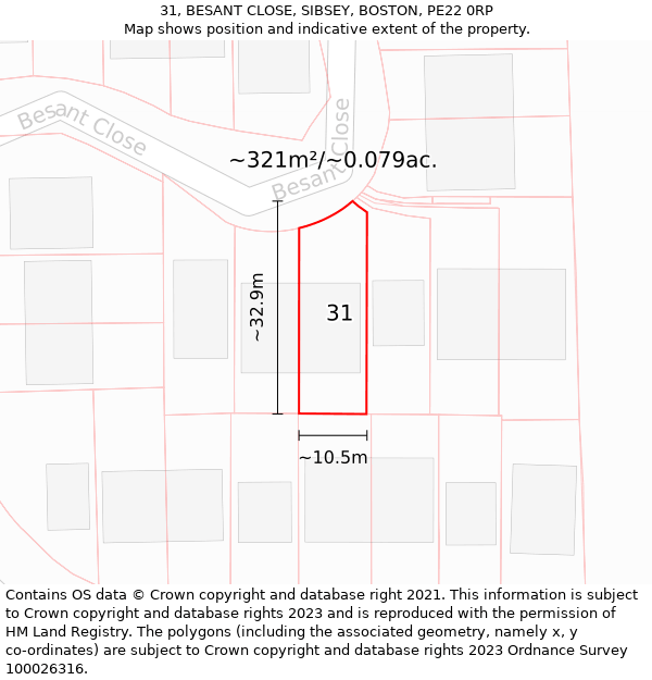 31, BESANT CLOSE, SIBSEY, BOSTON, PE22 0RP: Plot and title map