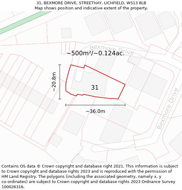 31, BEXMORE DRIVE, STREETHAY, LICHFIELD, WS13 8LB: Plot and title map