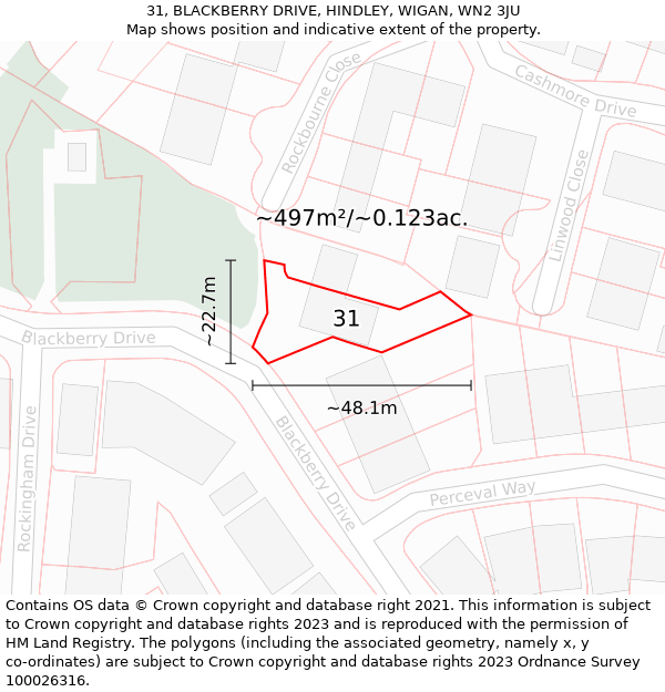 31, BLACKBERRY DRIVE, HINDLEY, WIGAN, WN2 3JU: Plot and title map