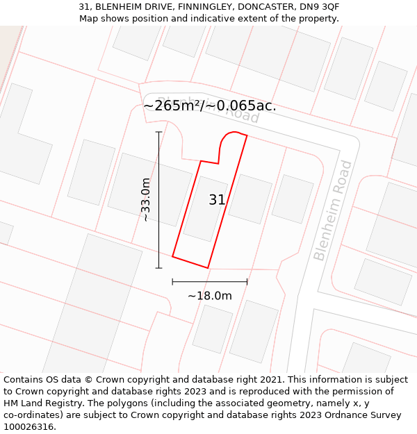 31, BLENHEIM DRIVE, FINNINGLEY, DONCASTER, DN9 3QF: Plot and title map