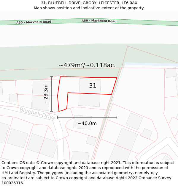 31, BLUEBELL DRIVE, GROBY, LEICESTER, LE6 0AX: Plot and title map