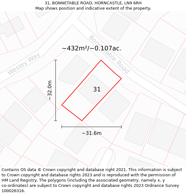 31, BONNETABLE ROAD, HORNCASTLE, LN9 6RH: Plot and title map