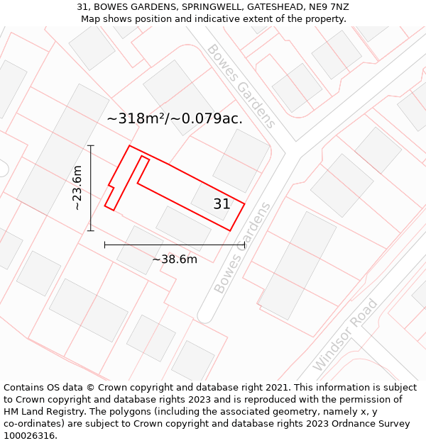 31, BOWES GARDENS, SPRINGWELL, GATESHEAD, NE9 7NZ: Plot and title map