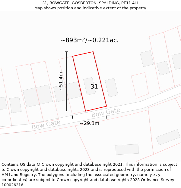 31, BOWGATE, GOSBERTON, SPALDING, PE11 4LL: Plot and title map