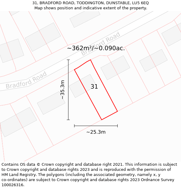 31, BRADFORD ROAD, TODDINGTON, DUNSTABLE, LU5 6EQ: Plot and title map