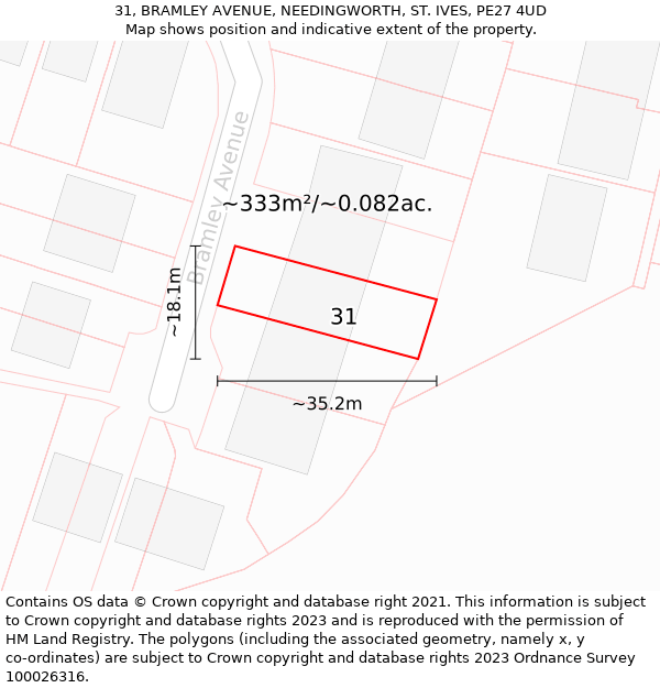 31, BRAMLEY AVENUE, NEEDINGWORTH, ST. IVES, PE27 4UD: Plot and title map