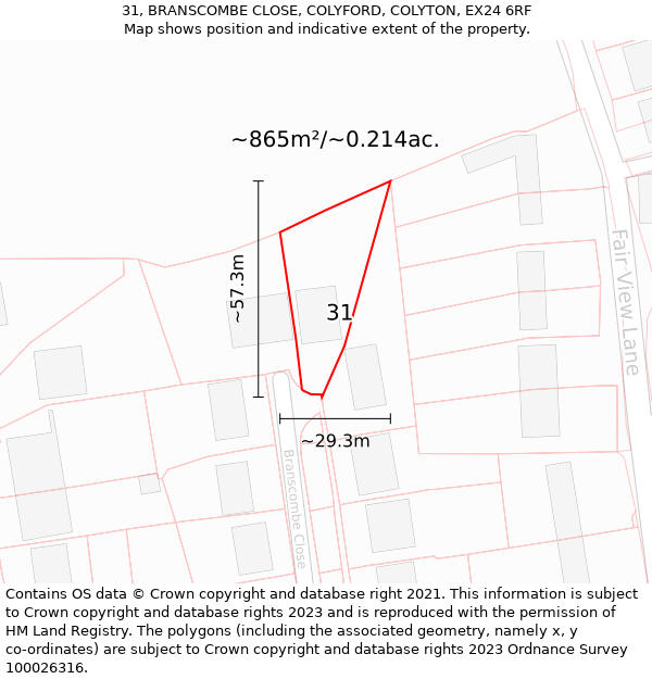 31, BRANSCOMBE CLOSE, COLYFORD, COLYTON, EX24 6RF: Plot and title map