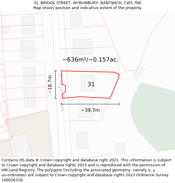 31, BRIDGE STREET, WYBUNBURY, NANTWICH, CW5 7NE: Plot and title map