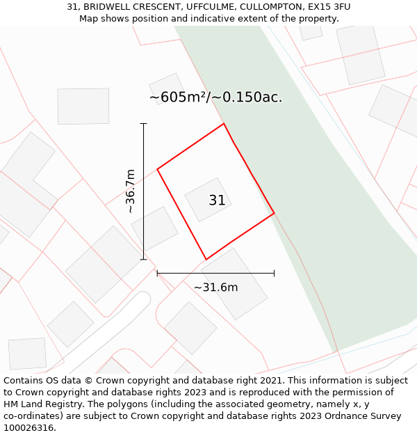 31, BRIDWELL CRESCENT, UFFCULME, CULLOMPTON, EX15 3FU: Plot and title map