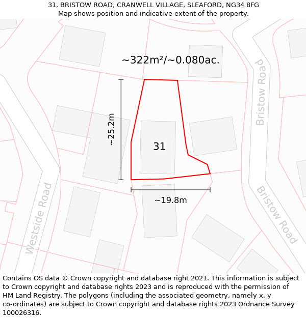 31, BRISTOW ROAD, CRANWELL VILLAGE, SLEAFORD, NG34 8FG: Plot and title map