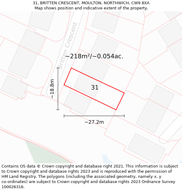 31, BRITTEN CRESCENT, MOULTON, NORTHWICH, CW9 8XA: Plot and title map