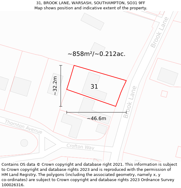 31, BROOK LANE, WARSASH, SOUTHAMPTON, SO31 9FF: Plot and title map