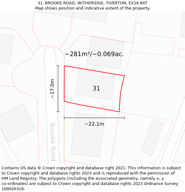 31, BROOKE ROAD, WITHERIDGE, TIVERTON, EX16 8AT: Plot and title map