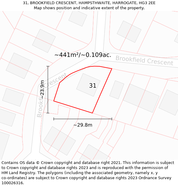 31, BROOKFIELD CRESCENT, HAMPSTHWAITE, HARROGATE, HG3 2EE: Plot and title map