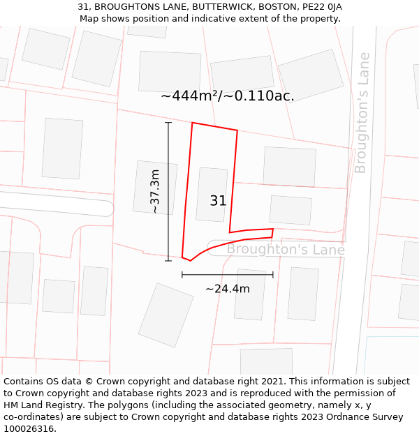 31, BROUGHTONS LANE, BUTTERWICK, BOSTON, PE22 0JA: Plot and title map