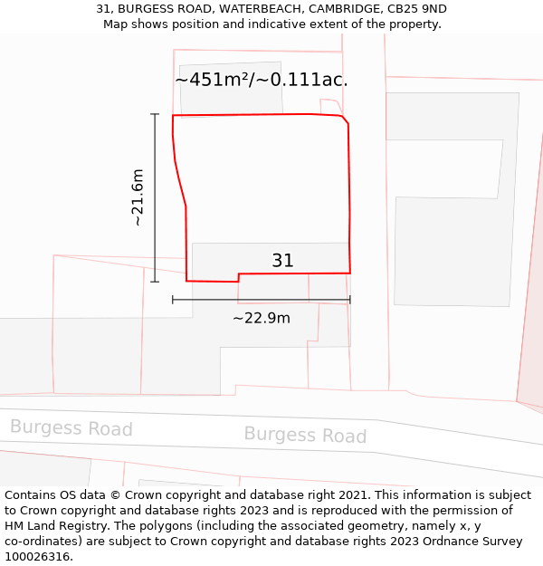 31, BURGESS ROAD, WATERBEACH, CAMBRIDGE, CB25 9ND: Plot and title map