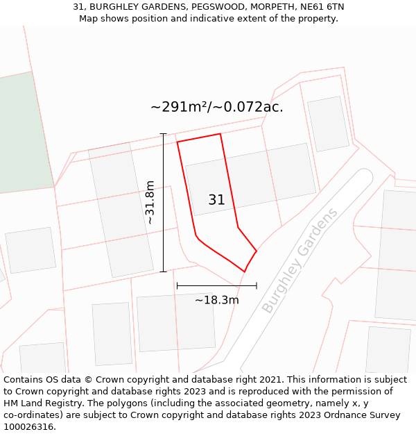 31, BURGHLEY GARDENS, PEGSWOOD, MORPETH, NE61 6TN: Plot and title map