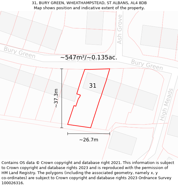 31, BURY GREEN, WHEATHAMPSTEAD, ST ALBANS, AL4 8DB: Plot and title map