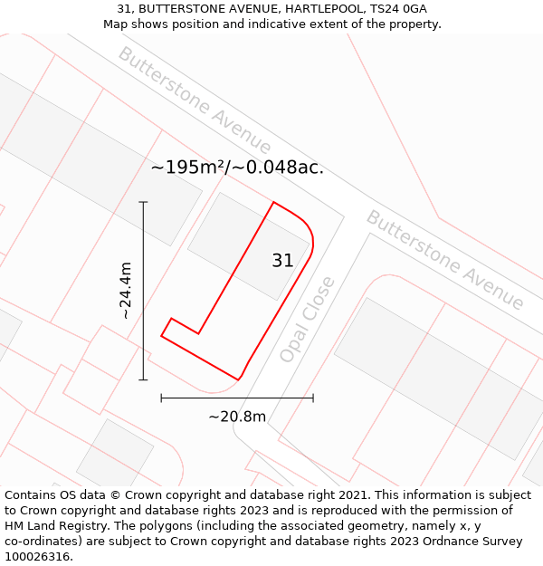 31, BUTTERSTONE AVENUE, HARTLEPOOL, TS24 0GA: Plot and title map