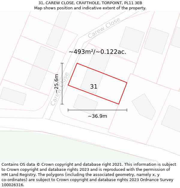 31, CAREW CLOSE, CRAFTHOLE, TORPOINT, PL11 3EB: Plot and title map