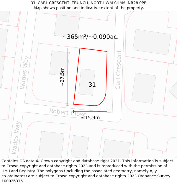 31, CARL CRESCENT, TRUNCH, NORTH WALSHAM, NR28 0PR: Plot and title map