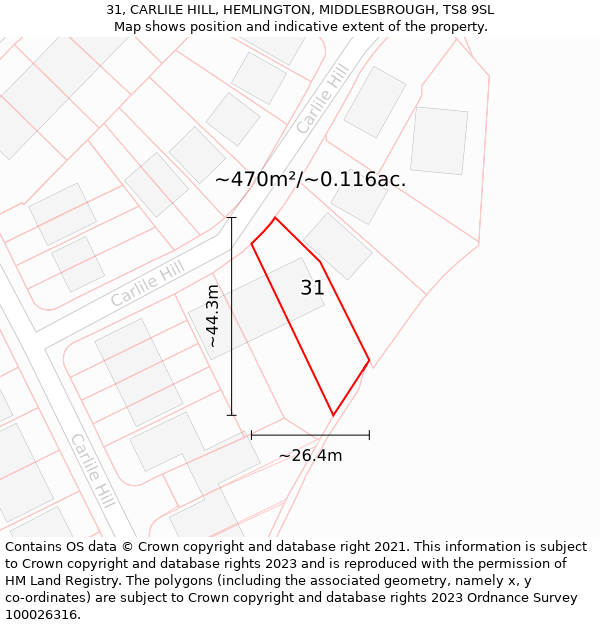 31, CARLILE HILL, HEMLINGTON, MIDDLESBROUGH, TS8 9SL: Plot and title map