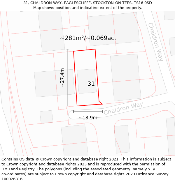 31, CHALDRON WAY, EAGLESCLIFFE, STOCKTON-ON-TEES, TS16 0SD: Plot and title map