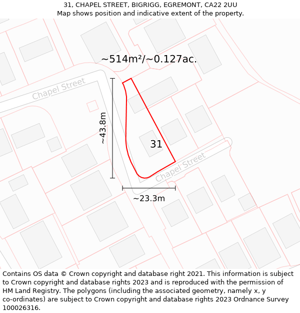 31, CHAPEL STREET, BIGRIGG, EGREMONT, CA22 2UU: Plot and title map