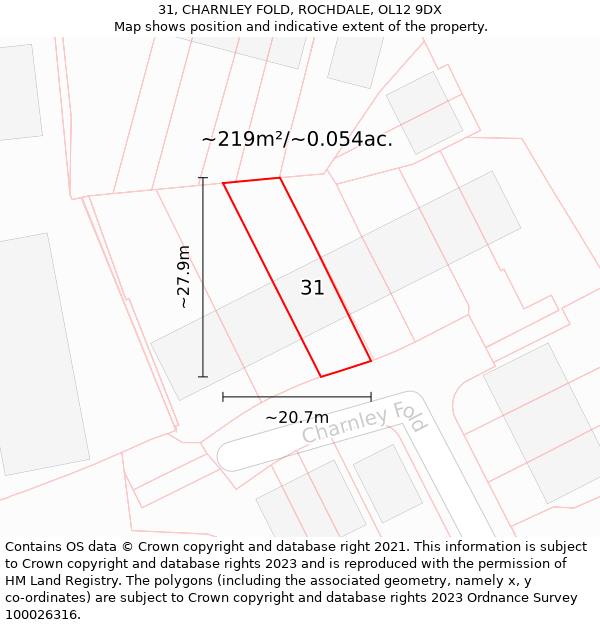 31, CHARNLEY FOLD, ROCHDALE, OL12 9DX: Plot and title map