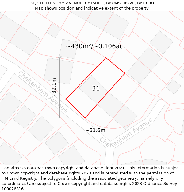 31, CHELTENHAM AVENUE, CATSHILL, BROMSGROVE, B61 0RU: Plot and title map