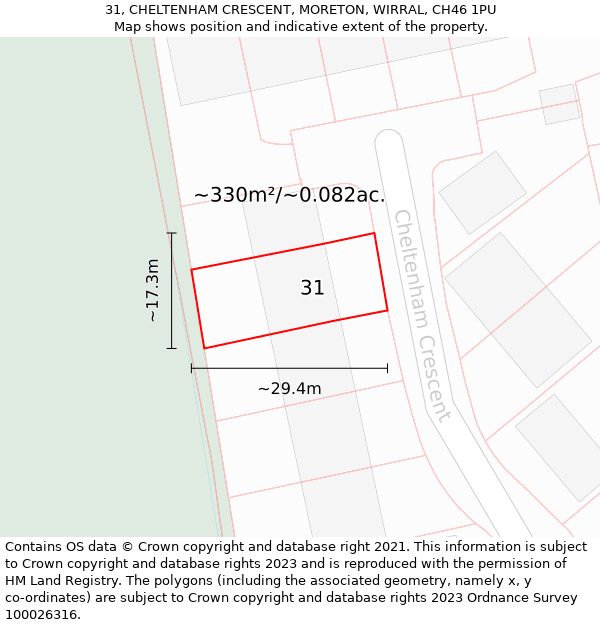 31, CHELTENHAM CRESCENT, MORETON, WIRRAL, CH46 1PU: Plot and title map