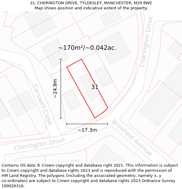 31, CHERINGTON DRIVE, TYLDESLEY, MANCHESTER, M29 8WE: Plot and title map