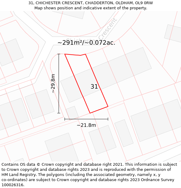 31, CHICHESTER CRESCENT, CHADDERTON, OLDHAM, OL9 0RW: Plot and title map