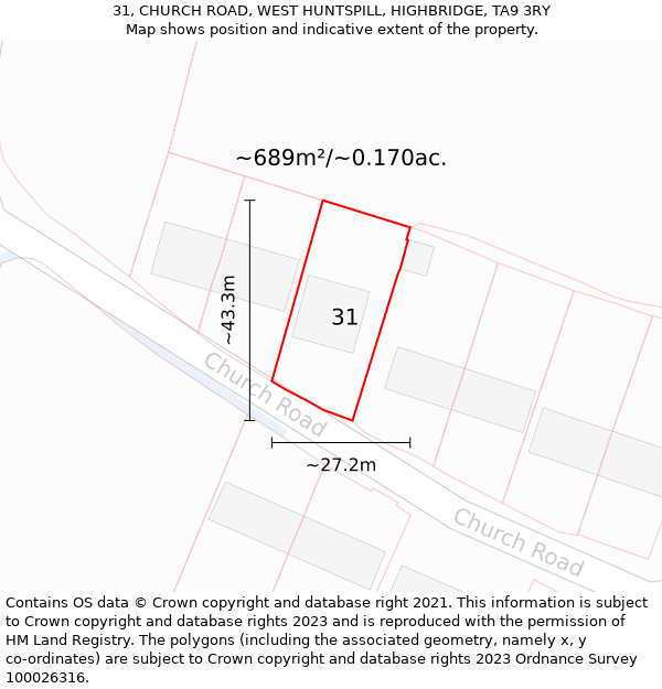 31, CHURCH ROAD, WEST HUNTSPILL, HIGHBRIDGE, TA9 3RY: Plot and title map