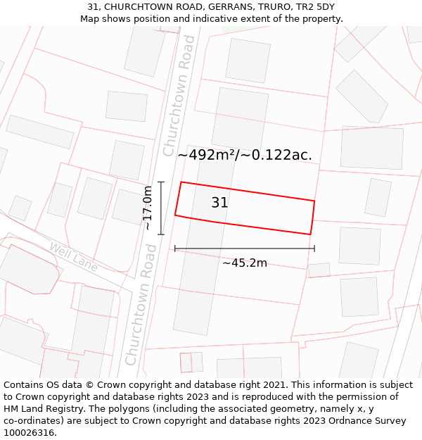 31, CHURCHTOWN ROAD, GERRANS, TRURO, TR2 5DY: Plot and title map