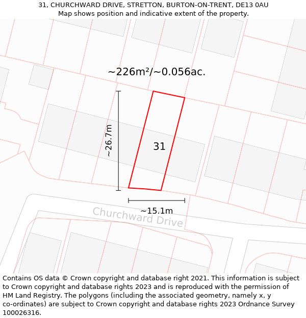 31, CHURCHWARD DRIVE, STRETTON, BURTON-ON-TRENT, DE13 0AU: Plot and title map