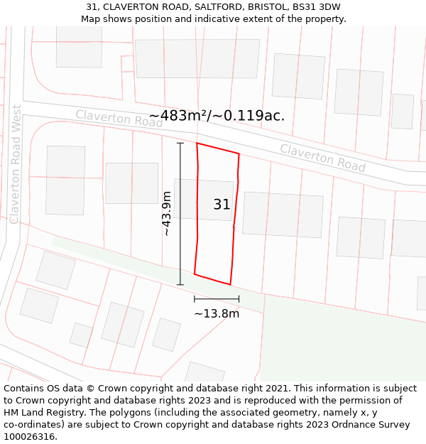 31, CLAVERTON ROAD, SALTFORD, BRISTOL, BS31 3DW: Plot and title map