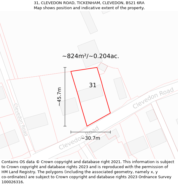 31, CLEVEDON ROAD, TICKENHAM, CLEVEDON, BS21 6RA: Plot and title map