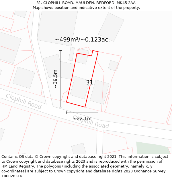 31, CLOPHILL ROAD, MAULDEN, BEDFORD, MK45 2AA: Plot and title map